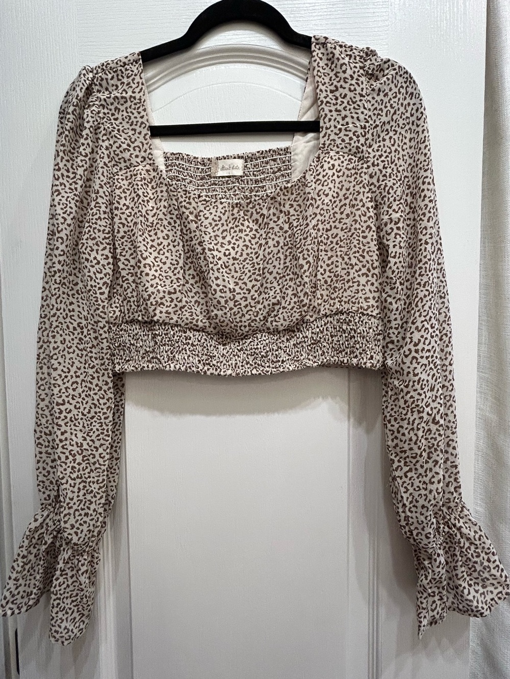 Altar'd State Beige Leopard-Print Smocked Waist Crop Top